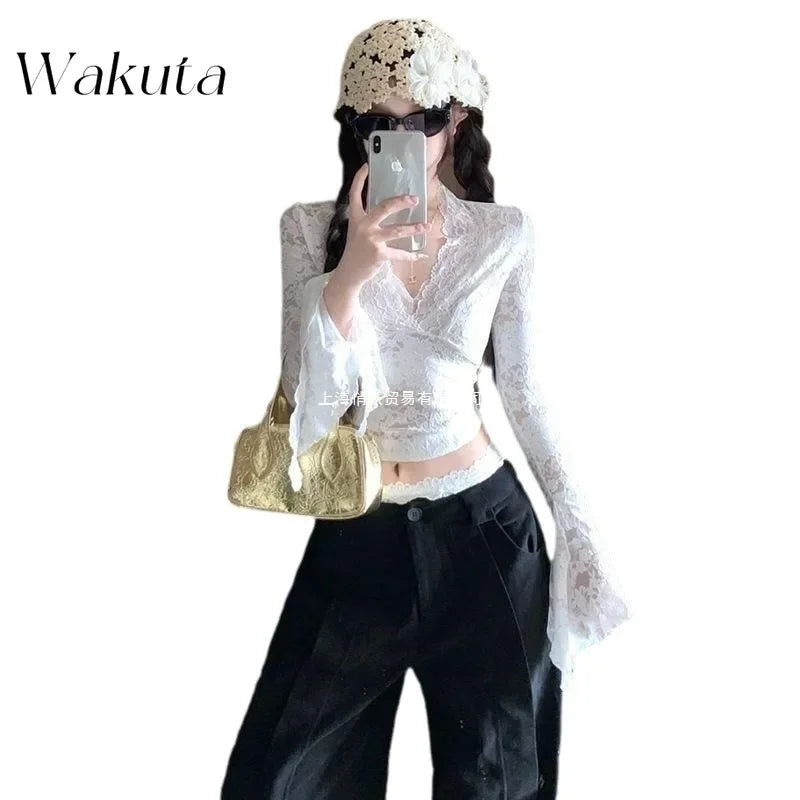 WAKUTA Sexy Lace Shirt V-neck Long-sleeved Outwear Tops Fall Short Tight Design Pure Desire Hottie Inner Pullovers Кофта Женская Purplish Diva