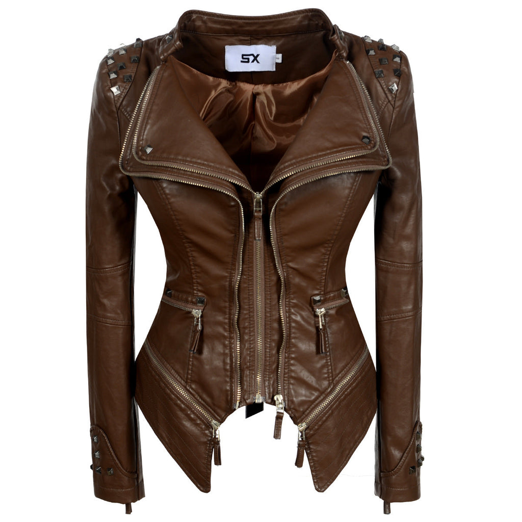 Women's Rivet Slim Washed Leather Motorcycle Jacket Pi-Mart