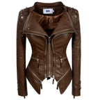 Women's Rivet Slim Washed Leather Motorcycle Jacket Pi-Mart