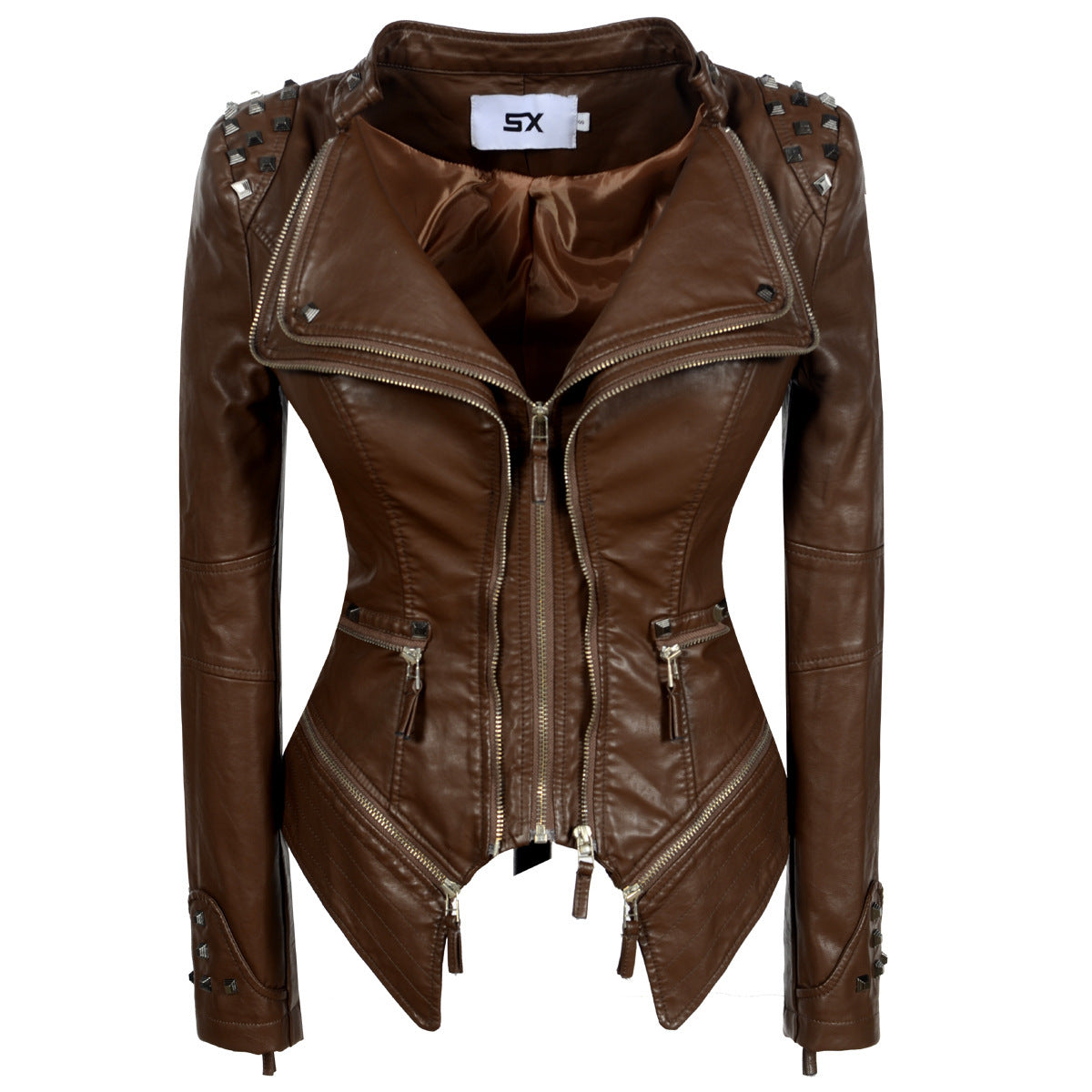 Women's Rivet Slim Washed Leather Motorcycle Jacket Pi-Mart