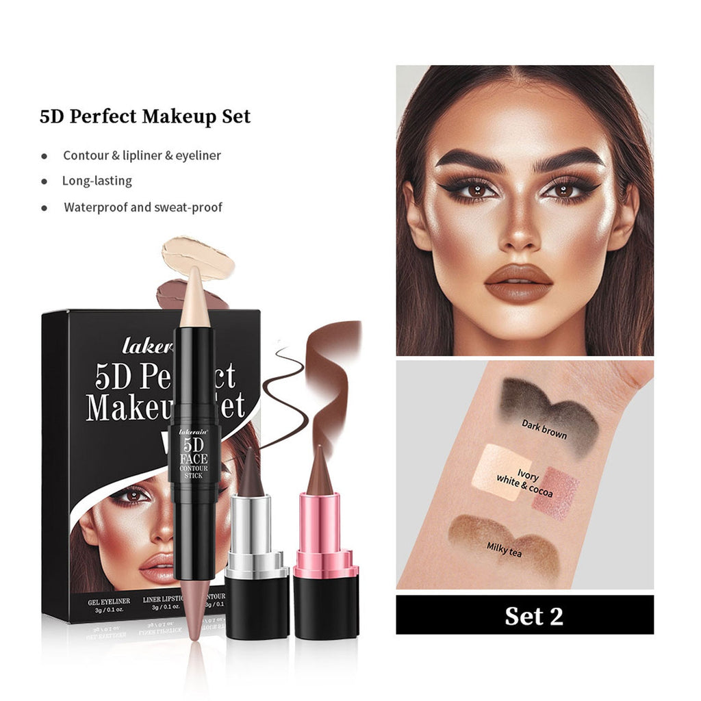 3 PCs Lipstick Lip Liner Eyeliner Highlight Contour Stick Suit 5D Face Makeup Set Suit