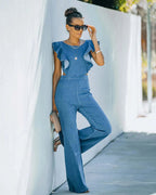 Women's Slim Fit round Ne Jumpsuit Casual  Color High Waist Long Pants Commute Sle Polyester Denim Fabric Summer Purplish Diva