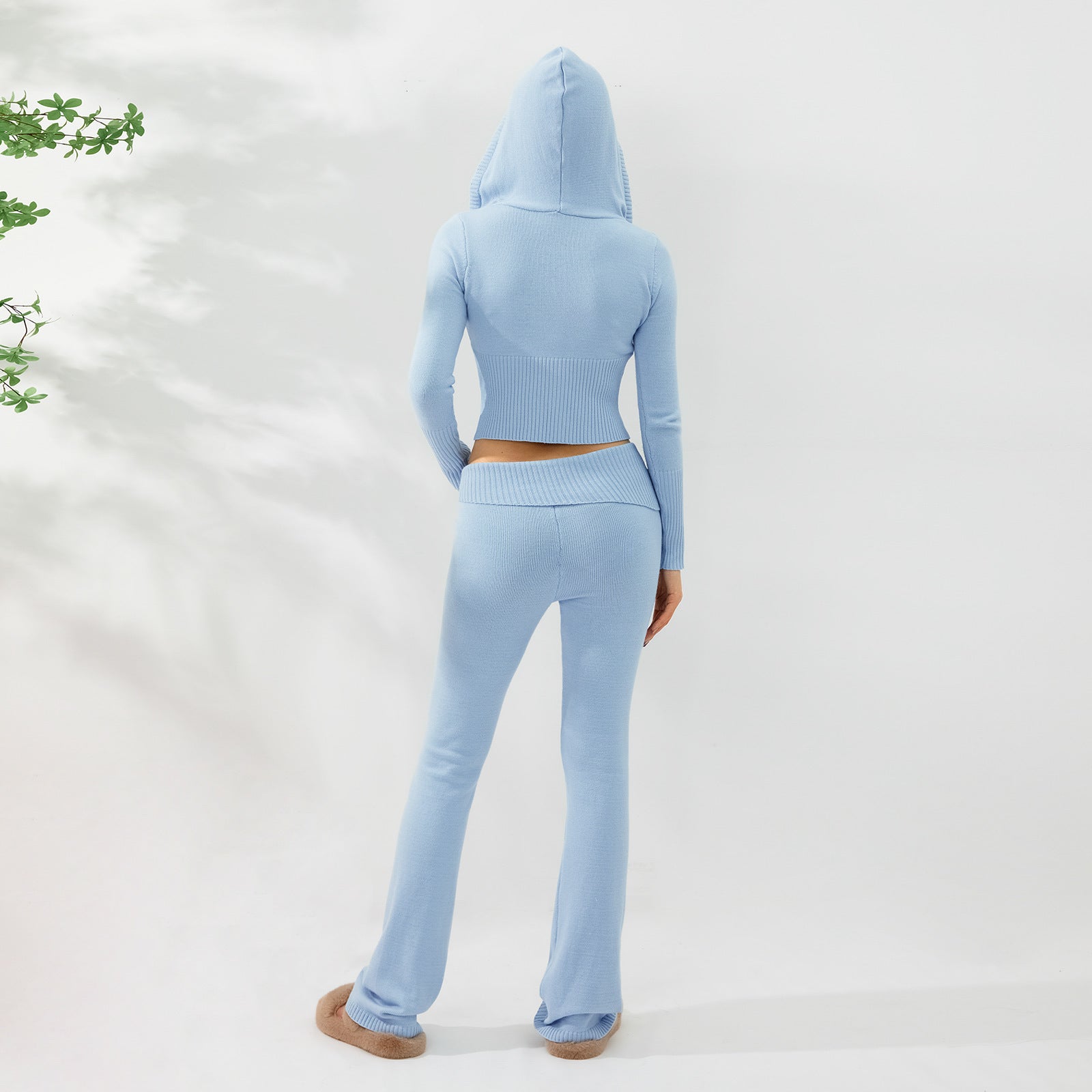 2pcs Knitted Hooded Suits Women's Long-sleeved Cardigan And High Waisted Trousers Clothing Pi-Mart