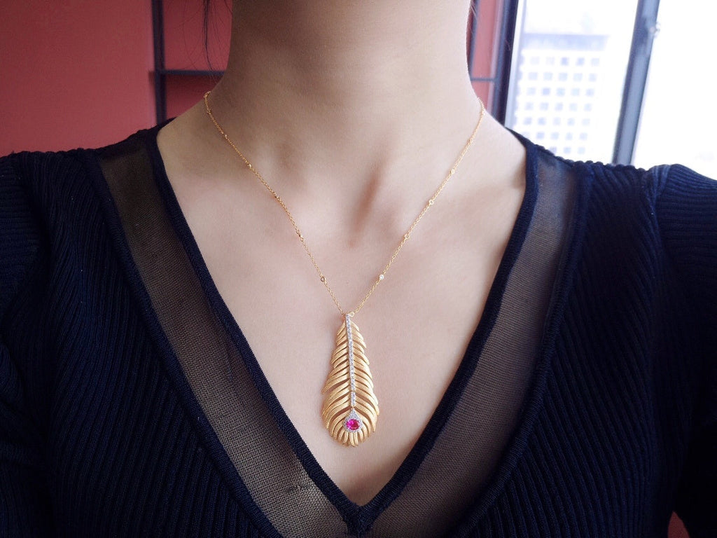 Light Luxury 925 Silver Brushed Feather Pendant Necklace Pi-Mart