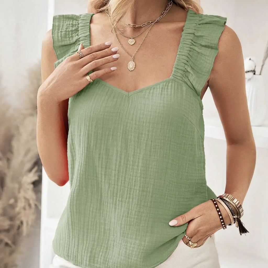 Ladies' Black Fungus Edge Solid Color Versatile Casual Style Small Fresh Back V-shaped Detail Fashionable Vest Top
