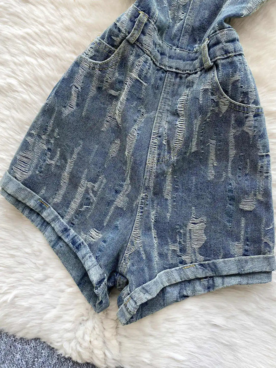 Women's Blue Ripped Denim Shorts Jumpsuits 90s Vintage Playsuits Harajuku Off Shoulder Rompers Jeans Pants Ladies Clothes Summer Purplish Diva
