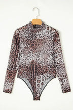 Brown Leopard Print Mesh Bodysuit Smocked Neck - Femstylo