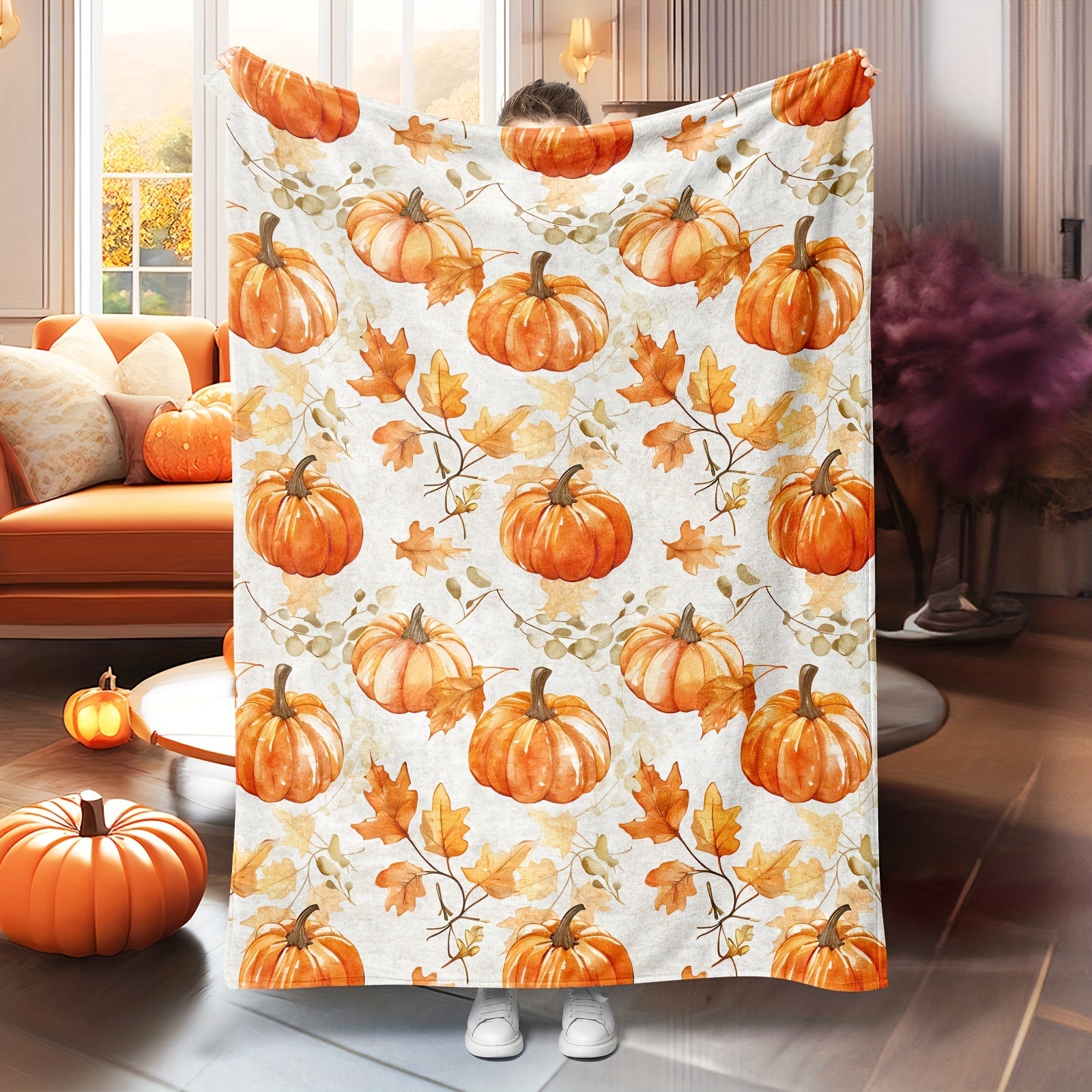 Cozy Flannel Thanksgiving Blanket - Rustic Pumpkin & Maple Leaf Design, Soft Orange Throw for Sofa, Bedroom, Camping - Perfect Fall Decor Gift Lootquake LLC