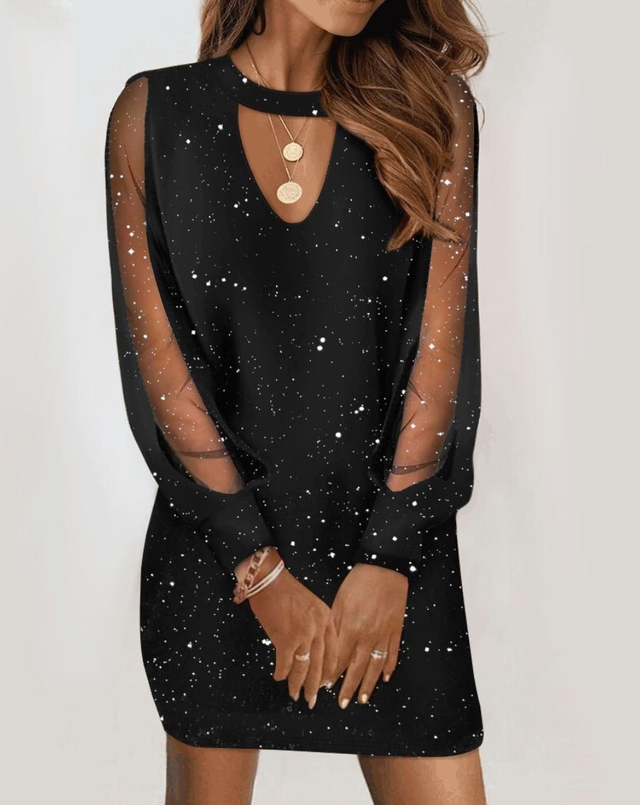 Long-sleeved V-neck Dress Spring And Autumn Lace Splicing Dress For Womens Clothing