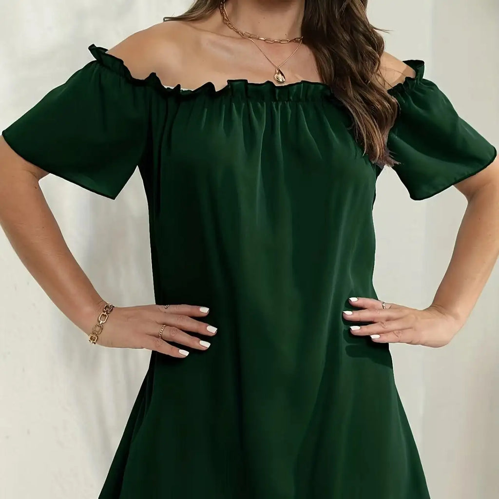 Women's Solid Color Off Shoulder Pleated Decorative Dress, One Shoulder Casual Dress - SJB-DIAMOND ELITES