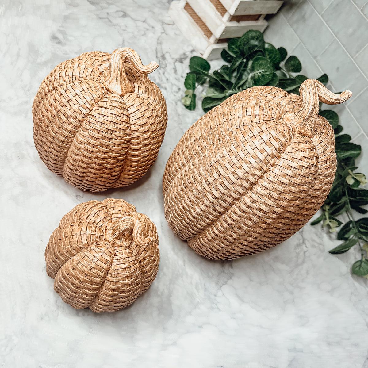 Rattan Resin Pumpkins Fall Decor - Set Or Single, 3 Sizes, Honey Cognac BandsCo Straps