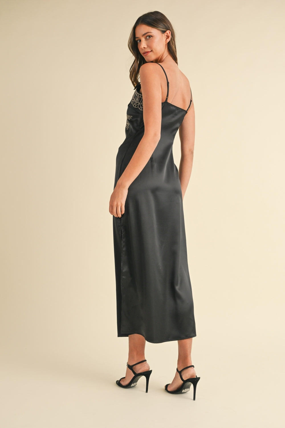 Embroidered Cami Satin Midi Slit Dress – Satin Dress, Sexy, Flattering, Embroidered Dress, Cami Style Dress, Midi Dress, Slit Detail Dress, Elegant Satin Dress Stevvex