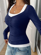 Contrast Long Sleeve Fake Two-Piece T-Shirt THRIXINE