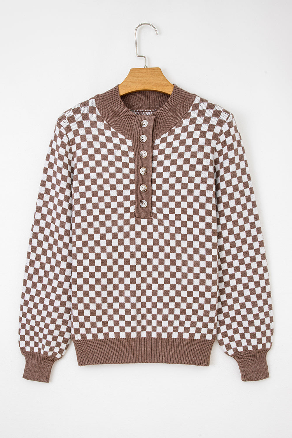 Dark Brown Plaid Contrast Trim Button Neck Sweater - Femstylo