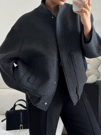 Autumn Casual Full Size Drop Shoulder Snap Down Jacket with Buttoned Front and Pockets Stevvex