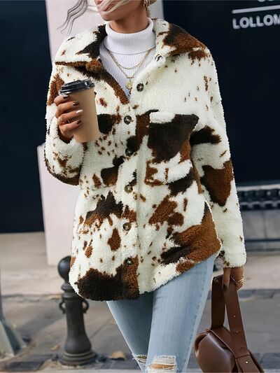 Trendy Black White Cozy Cow Print Collared Neck Button Up Fuzzy Jacket Modern & Warm Outerwear Stevvex