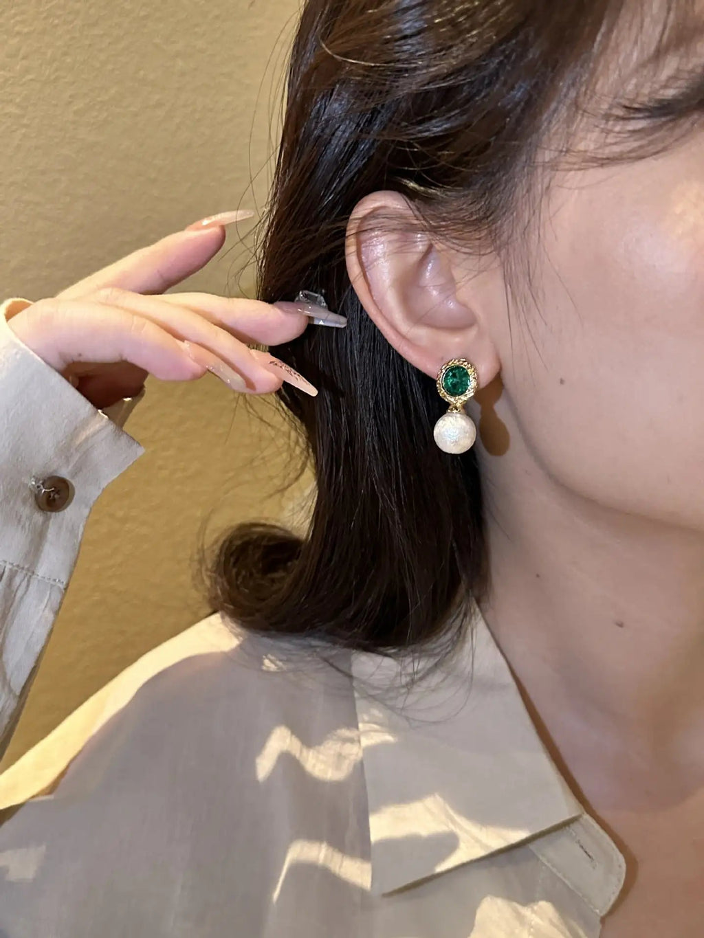 Emerald Rhinestone Pearl Stud Earrings For Women Lootquake LLC