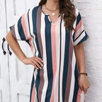 Ladies' Contrasting Striped Print Notch V-neck Short Casual Loose Dress - SJB-DIAMOND ELITES