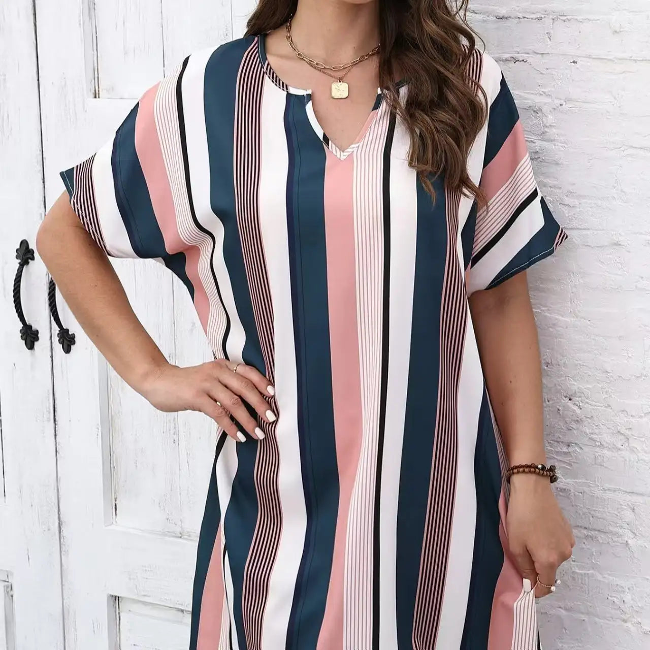 Ladies' Contrasting Striped Print Notch V-neck Short Casual Loose Dress - SJB-DIAMOND ELITES