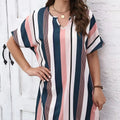 Ladies' Contrasting Striped Print Notch V-neck Short Casual Loose Dress - SJB-DIAMOND ELITES