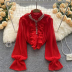 French Elegant Shirts Women Design Diamonds Loose Casual Tops Long Sleeve Ruffles Gentle Office Lady Blouses Spring Purplish Diva