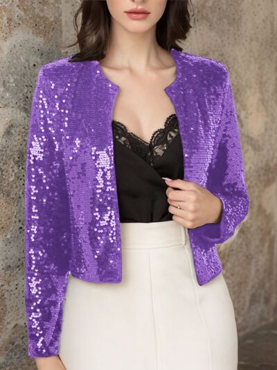 Elegant Women Full-Size Sequin Open Front Cropped Jacket With Glamorous Sparkle Luxury Women Party Jacket Stevvex