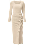 Autumn And Winter New Foreign Trade Women's Casual U-neck Split Drawstring Long-sleeved Dress - SJB-DIAMOND ELITES