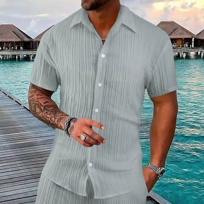 Polo Collar Solid Color Short Sleeve Button Men's Casual Loose Short Sleeves Shirt