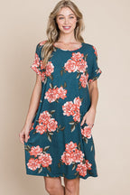 New Summer Floral Round Neck Short Tee Dress with Pockets For Women – Casual and Comfortable Floral Tee Dress with Pockets for Everyday Wear Stevvex