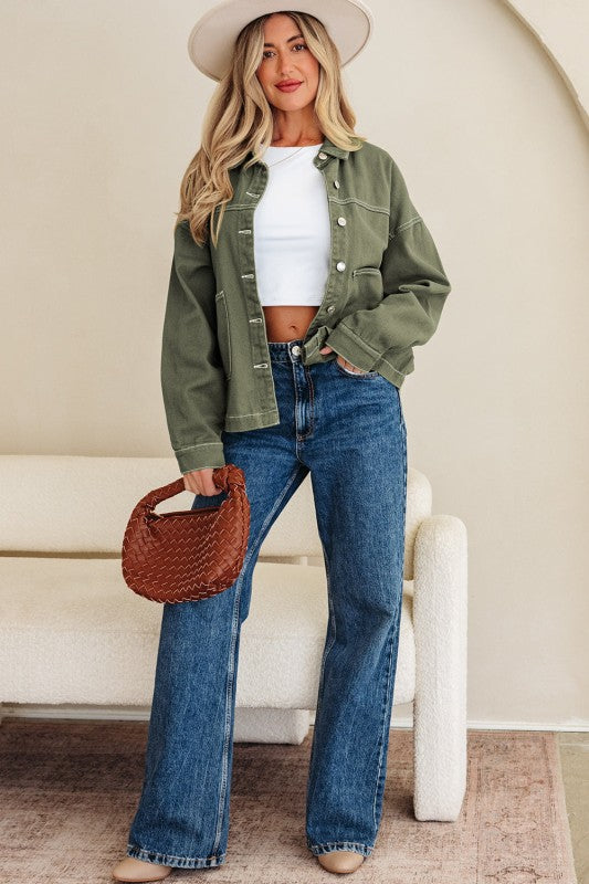 Denim Button-Up Patch Pocket Collared Jacket THRIXINE