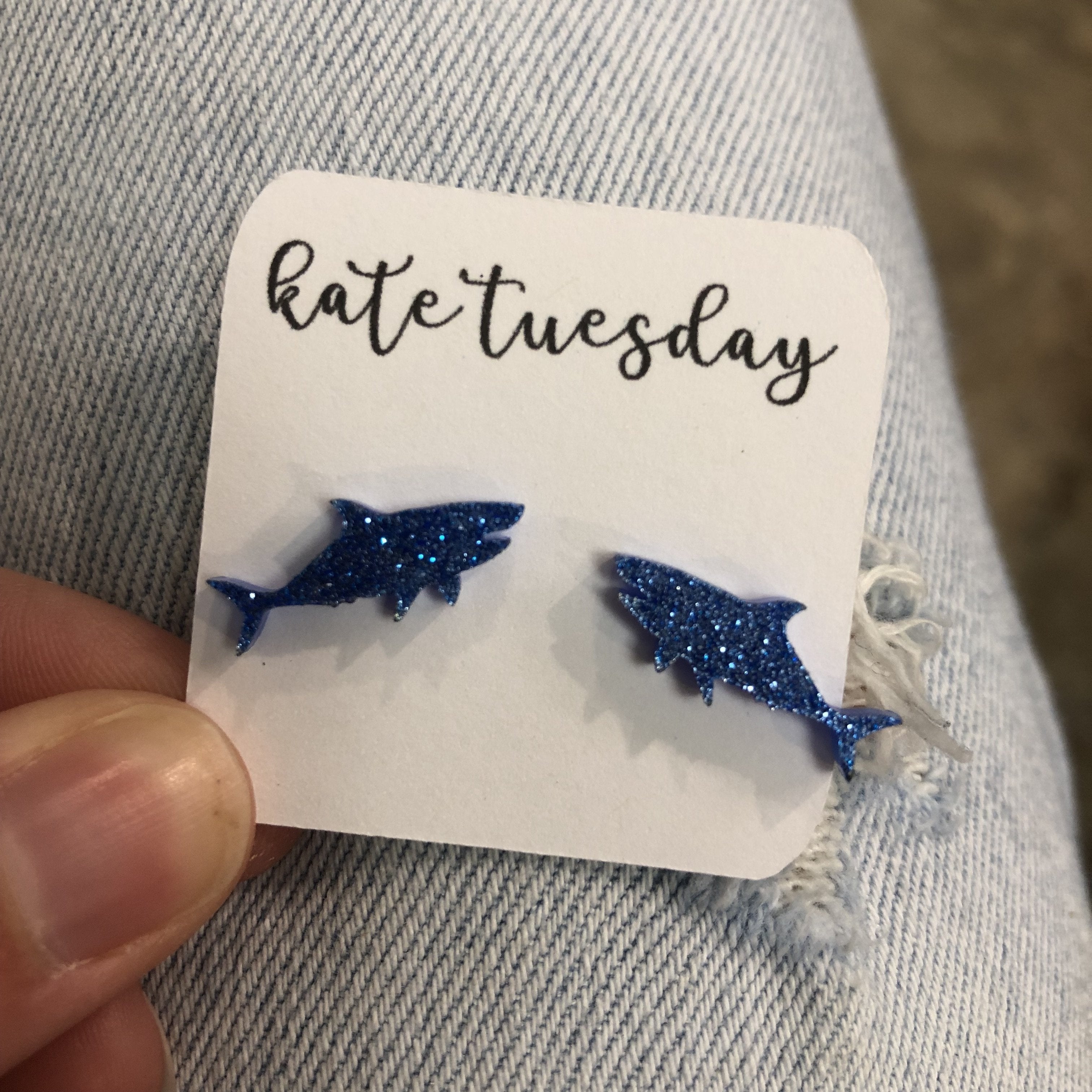 Baby Blue Shark Acrylic Stud Earrings Glitter Finish