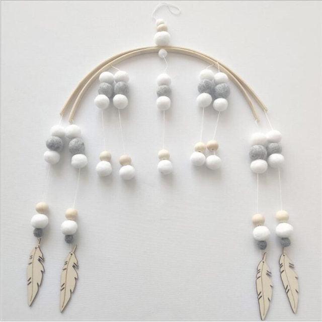 Baby Nordic Wooden Beads Wind Chimes with Wool Balls Nursery Mobile Crib Bed Bell Baby Bedroom Ceiling Wooden Beads Wind Chime Hanging Newborn Baby Bed Hanging Wind-bell Crib Tent Kids Room Decorations Ornaments Stevvex