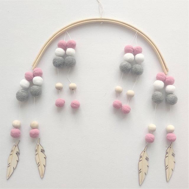 Baby Nordic Wooden Beads Wind Chimes with Wool Balls Nursery Mobile Crib Bed Bell Baby Bedroom Ceiling Wooden Beads Wind Chime Hanging Newborn Baby Bed Hanging Wind-bell Crib Tent Kids Room Decorations Ornaments Stevvex