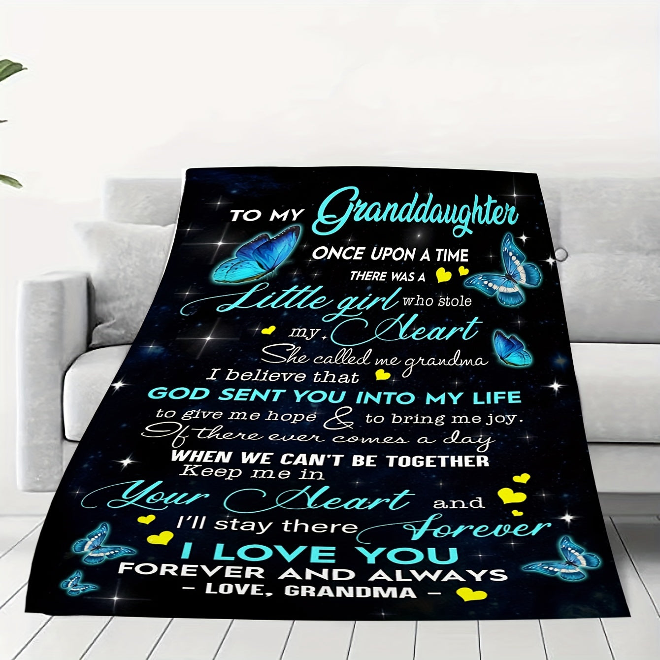 1pc Soft Flannel Butterfly Pattern Envelope Printed Blanket, To My Granddaughter From Grandma Throw Blanket for Couch Bed Sofa Office Car Camping, One For All Seasons
