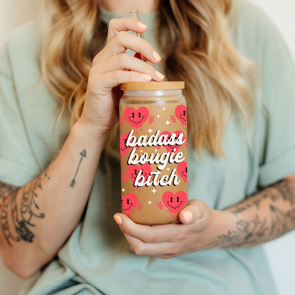 Badass Bougie 20oz Glass Cup With Bamboo Lid Funny Smiley Heart Design BandsCo Straps