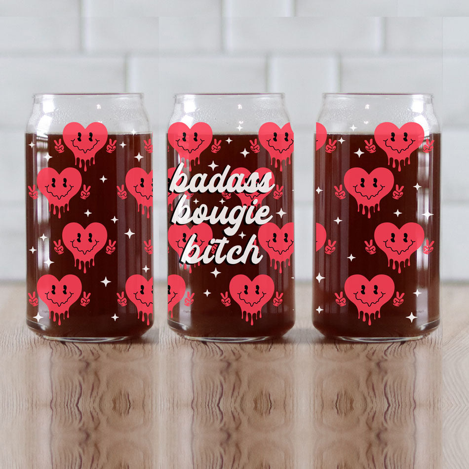 Badass Bougie 20oz Glass Cup With Bamboo Lid Funny Smiley Heart Design BandsCo Straps