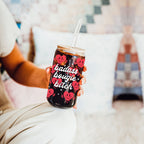 Badass Bougie 20oz Glass Cup With Bamboo Lid Funny Smiley Heart Design BandsCo Straps