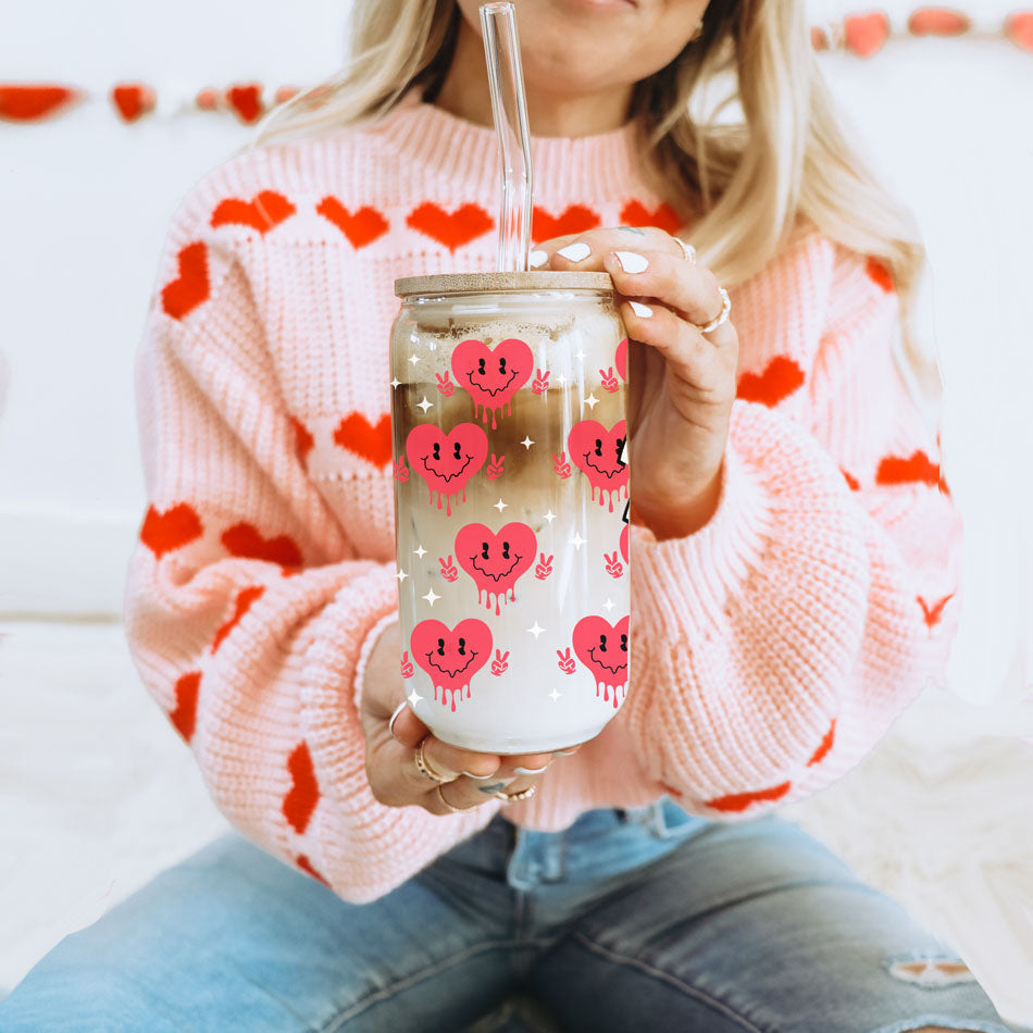 Badass Bougie 20oz Glass Cup With Bamboo Lid Funny Smiley Heart Design BandsCo Straps