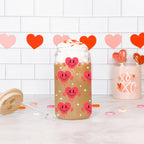Badass Bougie 20oz Glass Cup With Bamboo Lid Funny Smiley Heart Design BandsCo Straps