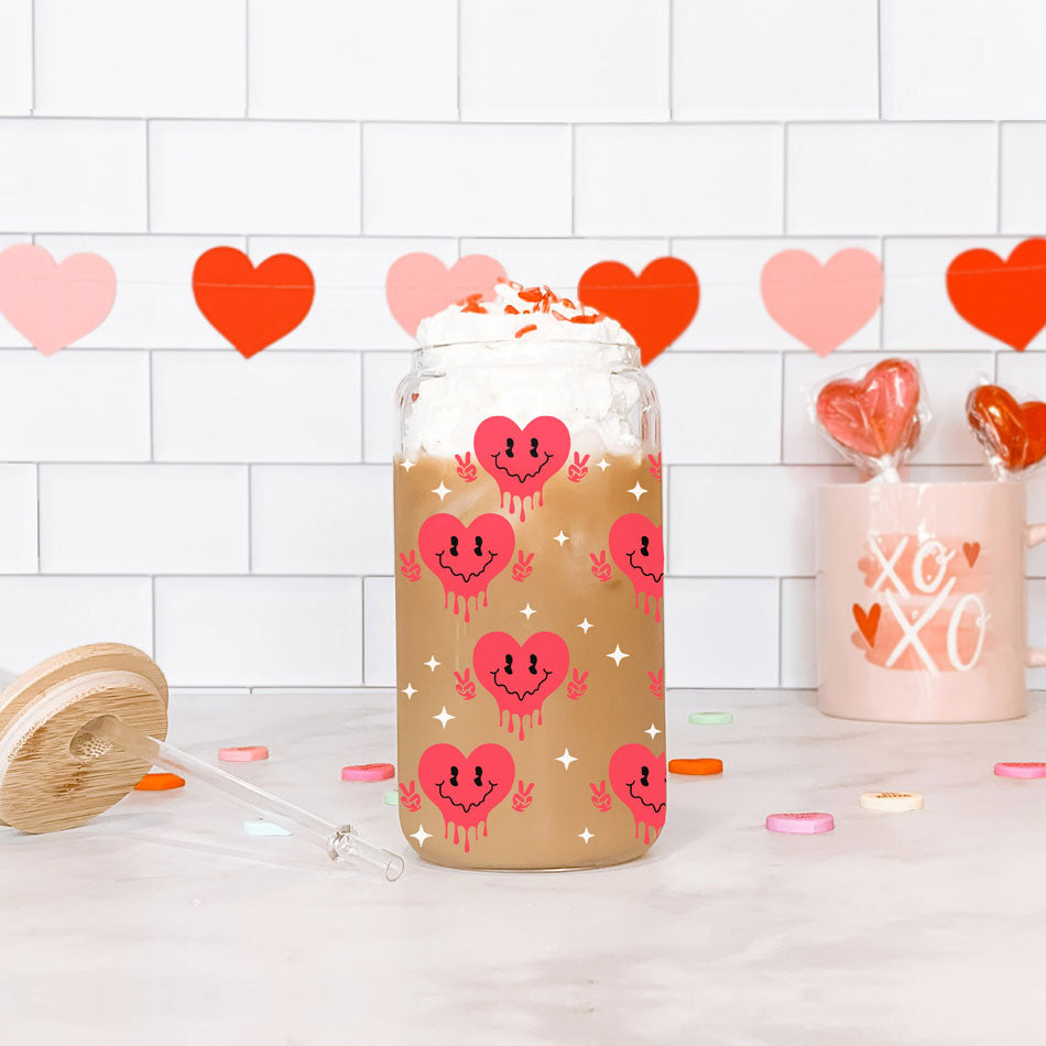 Badass Bougie 20oz Glass Cup With Bamboo Lid Funny Smiley Heart Design BandsCo Straps