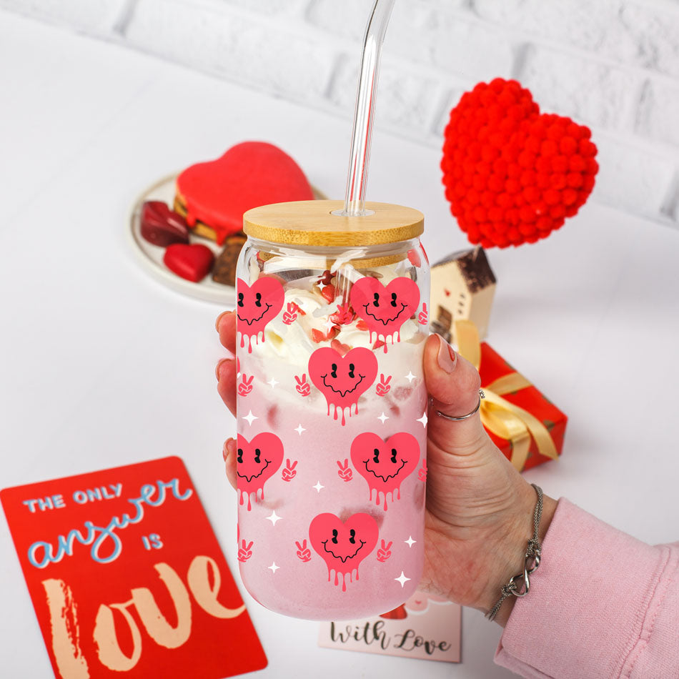 Badass Bougie 20oz Glass Cup With Bamboo Lid Funny Smiley Heart Design BandsCo Straps