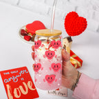 Badass Bougie 20oz Glass Cup With Bamboo Lid Funny Smiley Heart Design BandsCo Straps