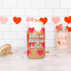 Badass Bougie 20oz Glass Cup With Bamboo Lid Funny Smiley Heart Design BandsCo Straps