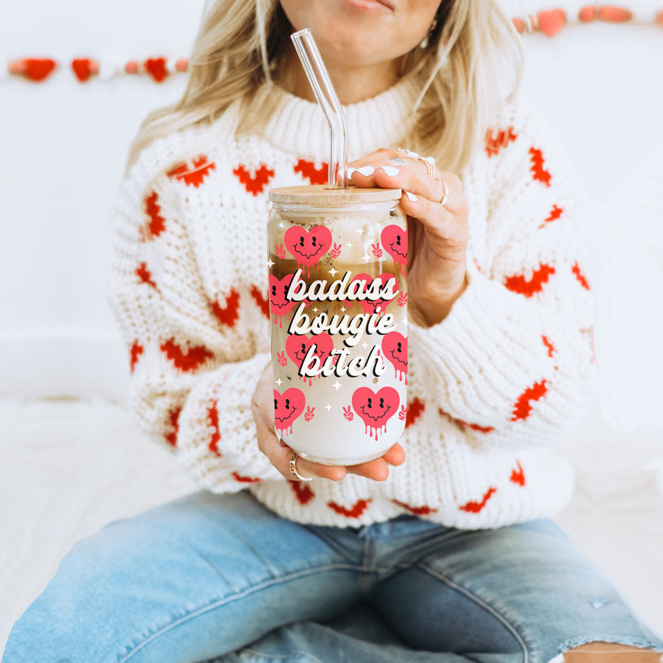 Badass Bougie 20oz Glass Cup With Bamboo Lid Funny Smiley Heart Design BandsCo Straps
