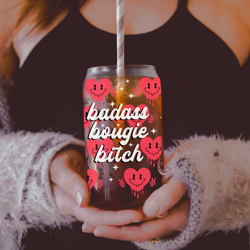 Badass Bougie 20oz Glass Cup With Bamboo Lid Funny Smiley Heart Design BandsCo Straps