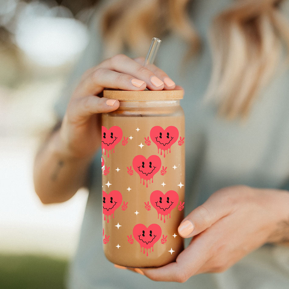 Badass Bougie 20oz Glass Cup With Bamboo Lid Funny Smiley Heart Design BandsCo Straps