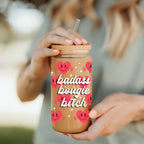 Badass Bougie 20oz Glass Cup With Bamboo Lid Funny Smiley Heart Design BandsCo Straps