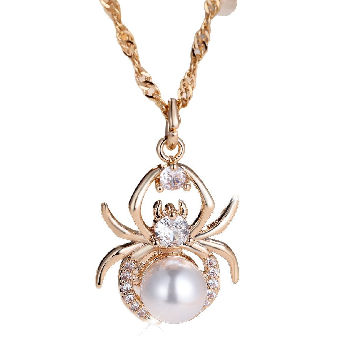 Champagne Gold Round White Diamond Pearl Spider Necklace Pi-Mart