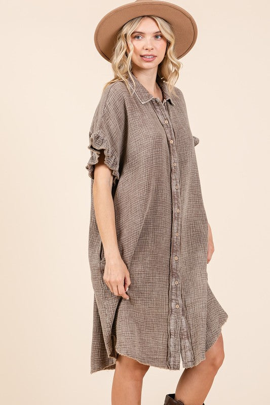 Mineral Wash Cotton Gauze Mini Shirt Dress For Women – Casual, Relaxed Fit with Charming Ruffle Sleeves and Practical Pockets Stevvex