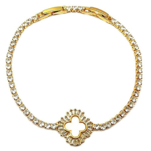Baguette Clover Rhinestone Tennis Bracelet Gold Plated